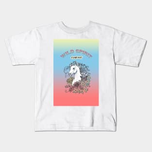 Wild Spirit and Gentle Heart - White Horse and Flowers Kids T-Shirt